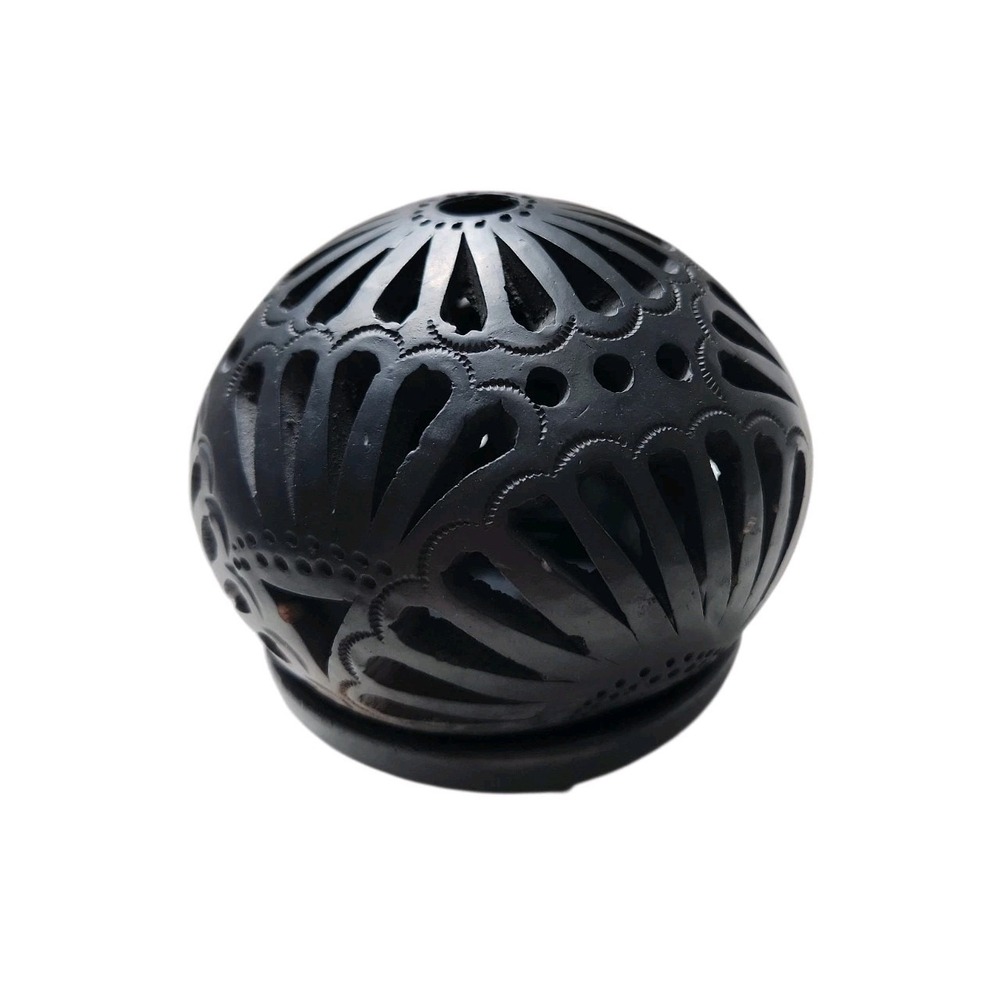 Handmade Black Clay Pottery Votive Candle Holder – Floral Cutout – Oaxaca Style